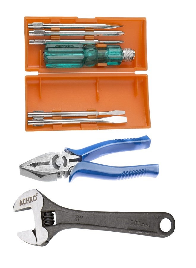 ACHRO 908 Universal Tool Kit Set for Home/Garage/Car/Bike/Industry, Contains 6 Pcs Screwdriver Set & 8 inch Combination Plier, 8 inch Adjustable Spanner (Set of 8 pcs Tool kit) - Image 1